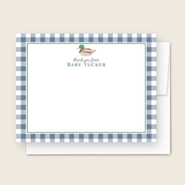 Duck Baby Boy Thank You Blue Gingham Stationery Note Card (Creator Uploaded)