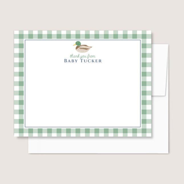 Duck Baby Boy Thank You Preppy Gingham Stationery Note Card (Creator Uploaded)