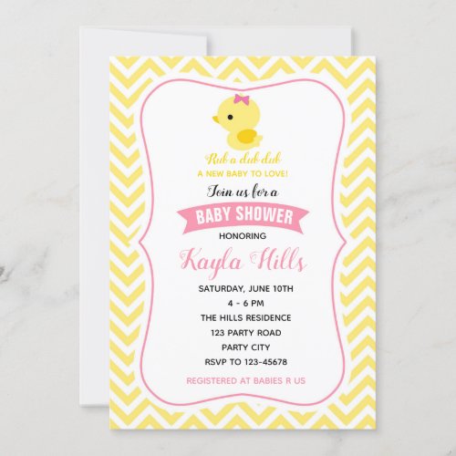 Duck Baby Girl Shower Invitations Yellow Chevron