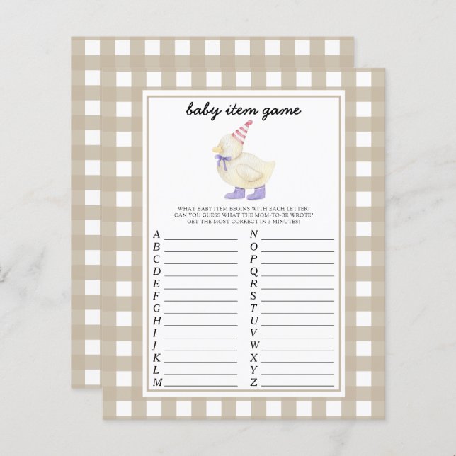 Duck baby shower Baby Item Game (Front/Back)