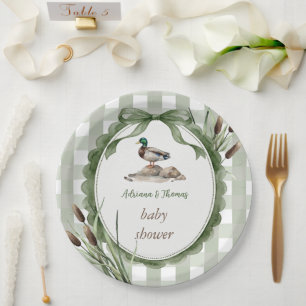 Duck Baby Shower Gingham Sage Paper Plates