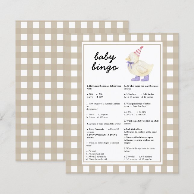 Duck - Baby Trivia | Baby Shower Game (Front/Back)