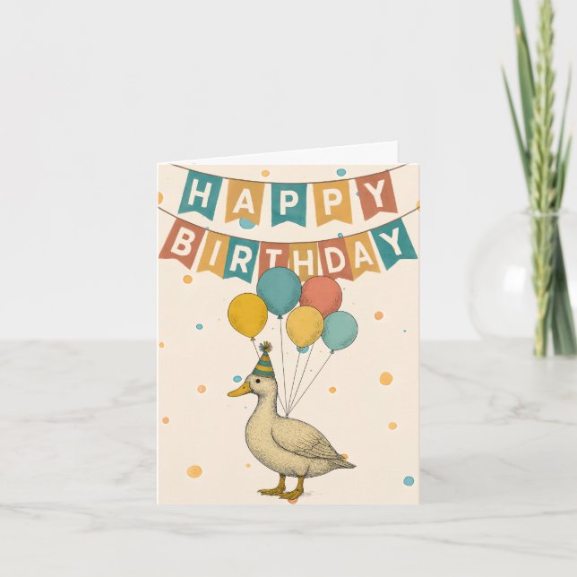 Duck Birthday Card – Whimsical Animal with Balloon (Front)