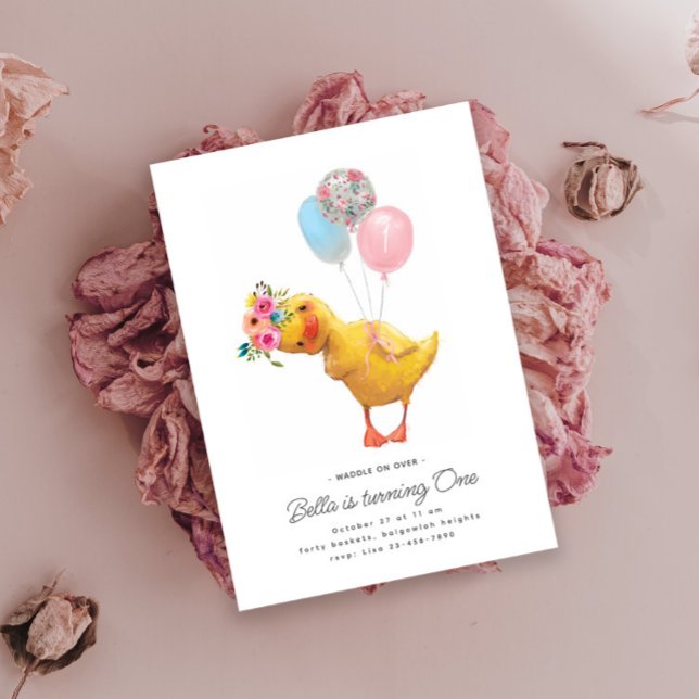 Duck Birthday Party Invite Modern Floral Cute Duck (Creator Uploaded)