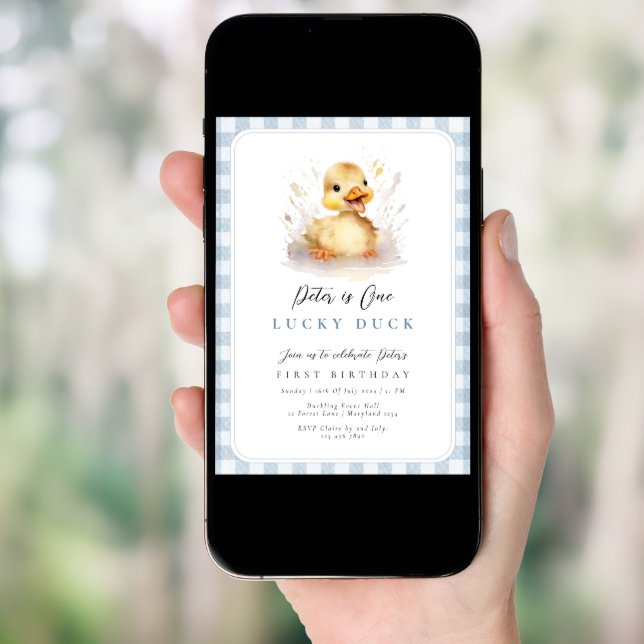 Duck Blue Gingham 1st Birthday Invitation (Front Digital)
