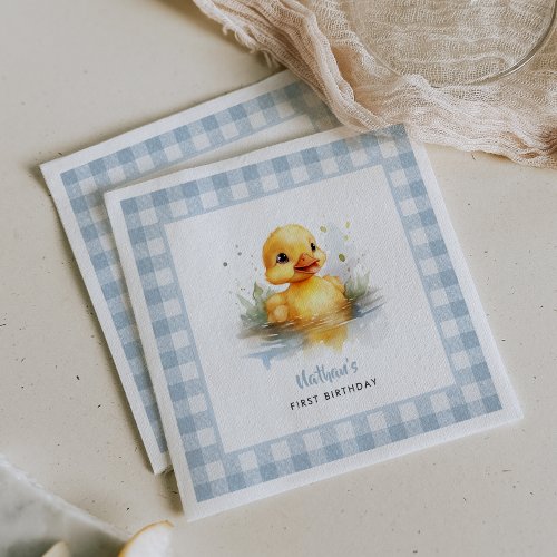 Duck Blue Gingham Birthday Paper Napkins