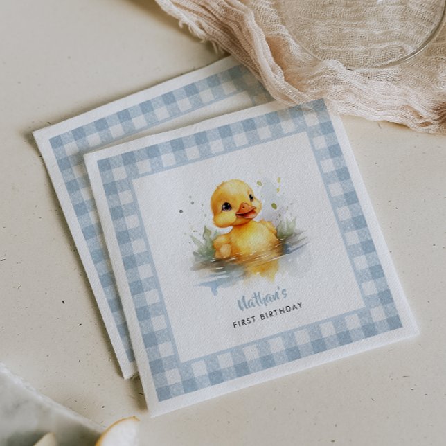 Duck Blue Gingham Birthday Paper Napkins (Creator Uploaded)
