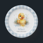 Duck Blue Gingham Birthday Paper Plate<br><div class="desc">"One lucky duck" first birthday paper plate with a cute duck and a blue gingham pattern.</div>