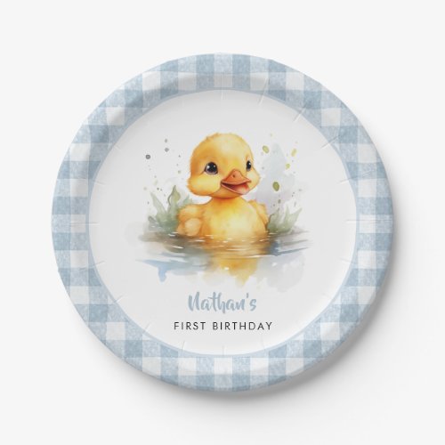 Duck Blue Gingham Birthday Paper Plate