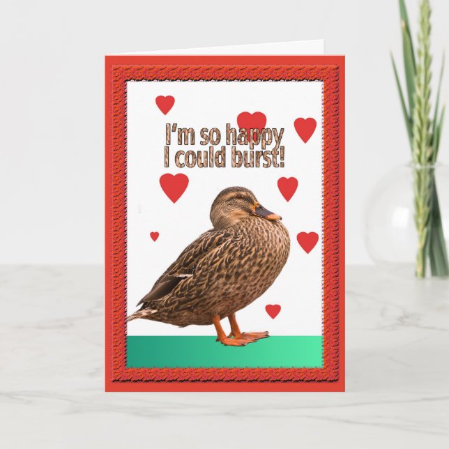 Duck Bursting Heart Valentine Card (Front)