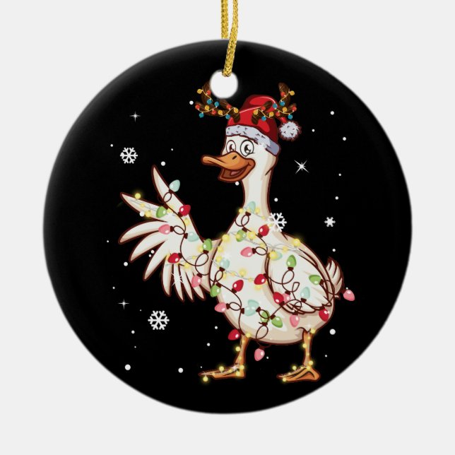 Duck Christmas Tree Reindeer Christmas Lights Ceramic Ornament (Front)