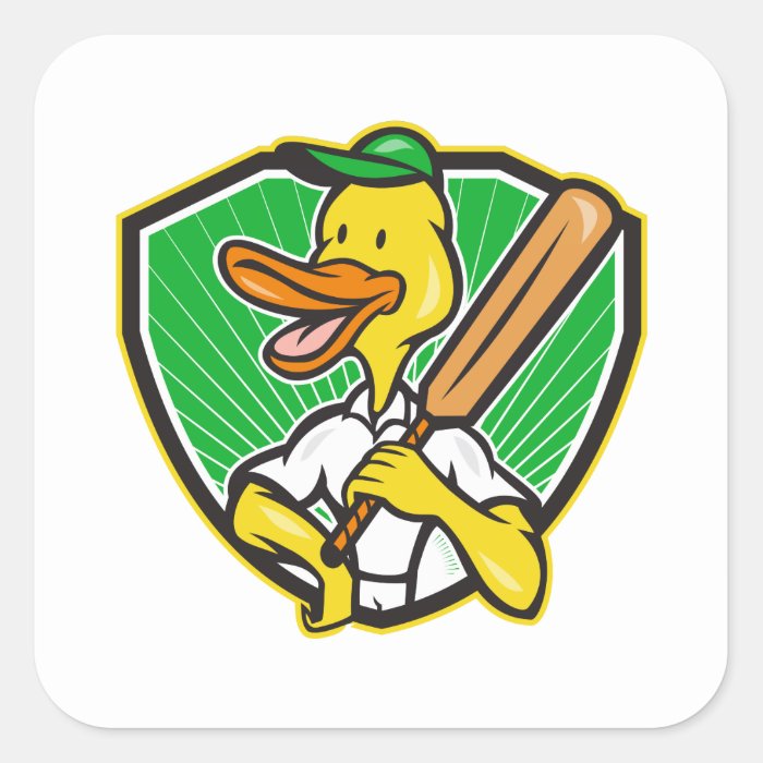 Duck Cricket Player Batsman Cartoon Square Stickers