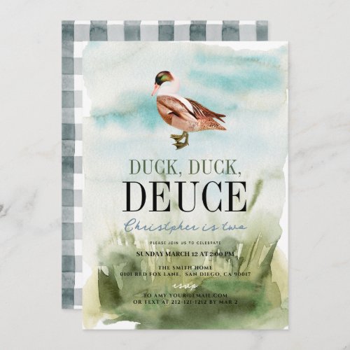 Duck Duck Deuce Watercolor Boy 2nd Birthday Invitation