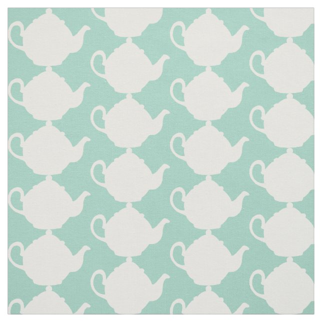 Duck Egg Blue Green and White Teapots Tea Pattern Fabric (Swatch)