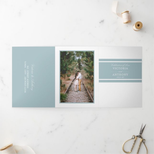 Duck Egg Blue Modern Wedding Suite Tri-Fold Invitation (Outside)