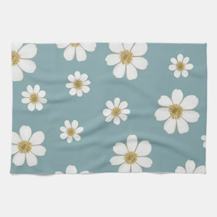 Duck Egg Blue with Daisies, Original Pattern Kitchen Towel