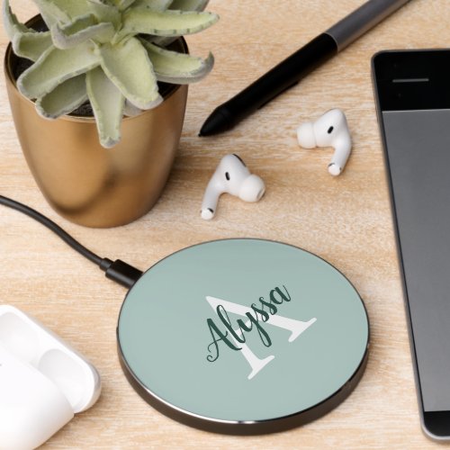 Duck Egg Green Monogram Script Wireless Charger