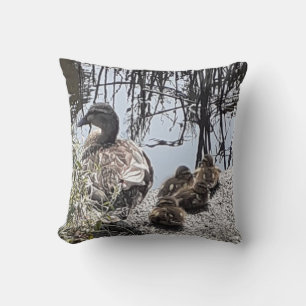 Duck family on the canal throw cushion. pillow