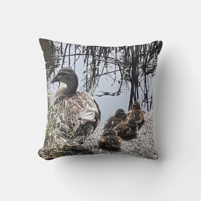 Duck family on the canal throw cushion. throw pillow (Front)