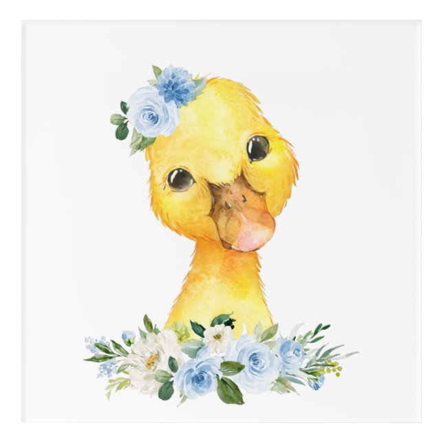 Duck, Farm Animals, Blue Flowers, Boy Nursery Acrylic Print (Front)
