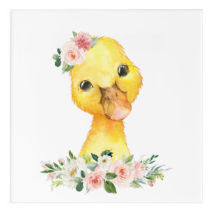 Duck, Farm Animals, Pink Flowers, Girl Nursery Acrylic Print