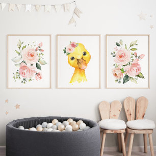 Duck, Farm Animals, Pink Flowers, Girl Nursery Wall Art Sets