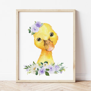Duck, Farm Animals, Purple Flowers, Gender Neutral Photo Print