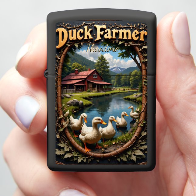 Duck Farmer Ducks Pond Red Farmhouse Zippo Lighter (In Hand)