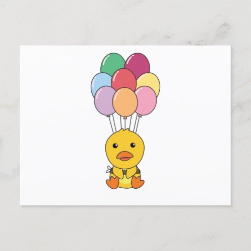 Duck Flies Up With Colorful Balloons Postcard
