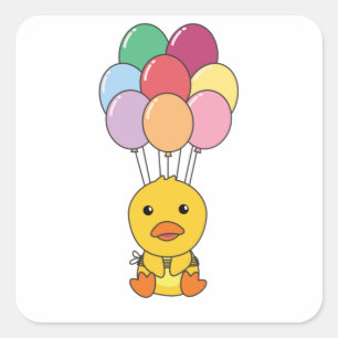 Duck Flies Up With Colorful Balloons Square Sticker
