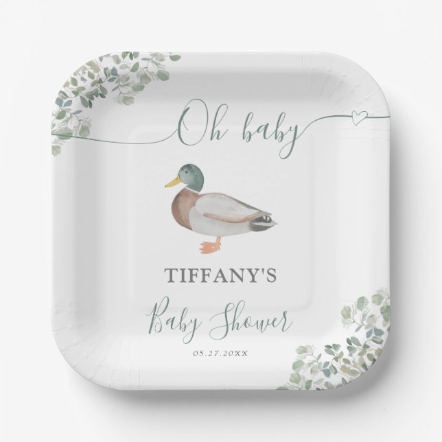 Duck Gender Neutral Greenery Baby Shower Paper Plates (Front)
