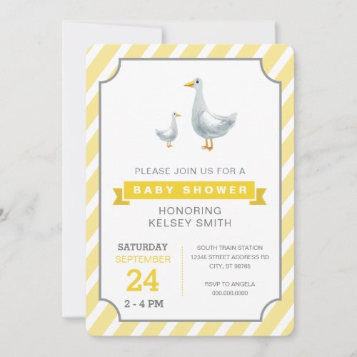 Duck gender neutral yellow baby shower invitation