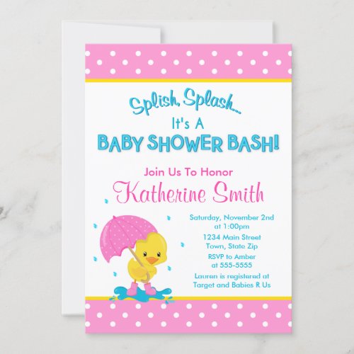 Duck Girl Baby Shower Invitation 5x7 Card