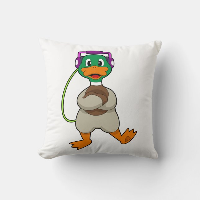 Duck Headphone Music Throw Pillow (Front)