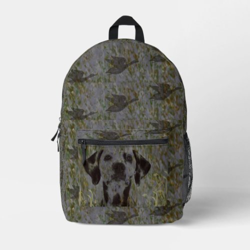 Duck Hunter Dog on Grey repeating duck camouflage  Printed Backpack