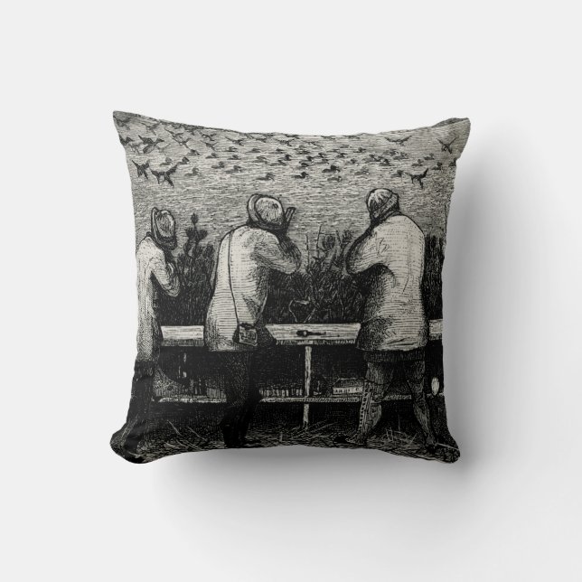 Duck Hunters Black & White Hunting Scene Throw Pillow (Front)