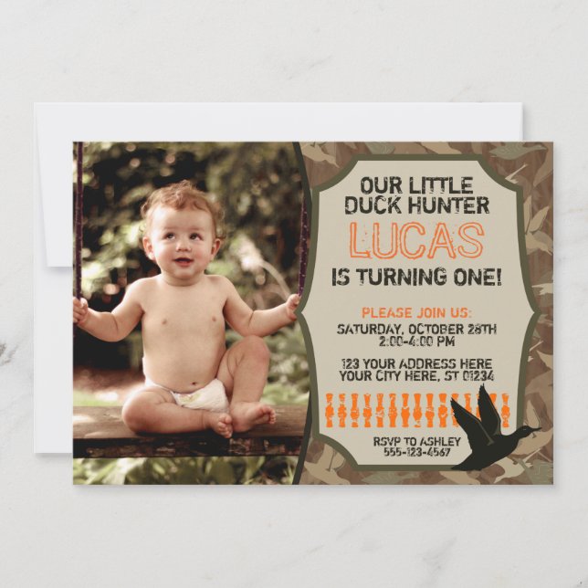 Duck Hunting Birthday Invitation with Photo - Camo (Front)