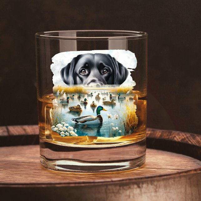 Duck Hunting Loyal Retriever Mallard Marsh  Whiskey Glass (A Black Labrador Retriever Duck Hunting Marsh Whiskey Glass.)