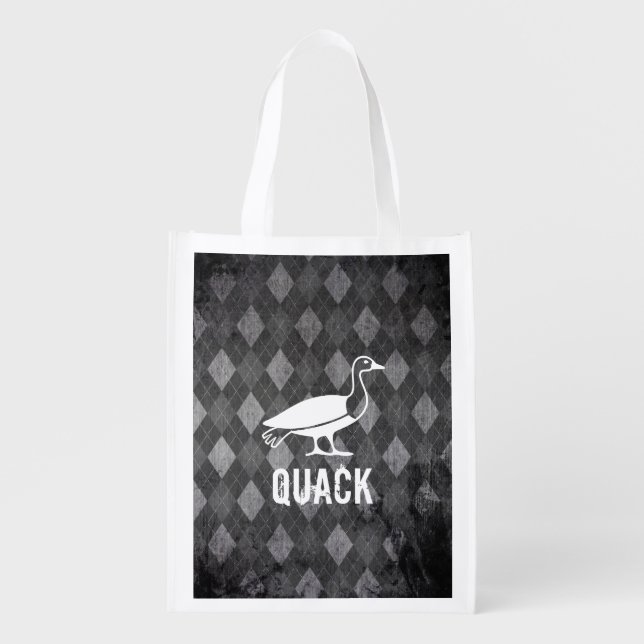 Duck Icon on Black Argyle Patterned Reusable Grocery Bag (Front)