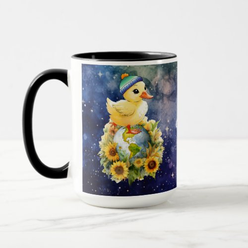 Duck in Gay Flag Colors Beanie Stands on Planet Mug