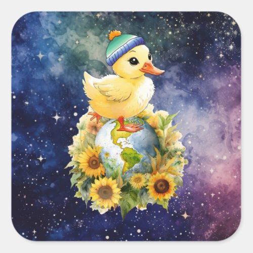 Duck in Gay Flag Colors Beanie Stands on Planet Square Sticker
