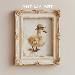 Duck in Hat Painting Whimsical Duckling Rustic Poster