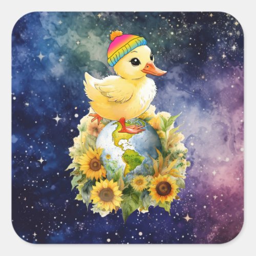 Duck in Pansexual Flag Colors Beanie on Planet Square Sticker