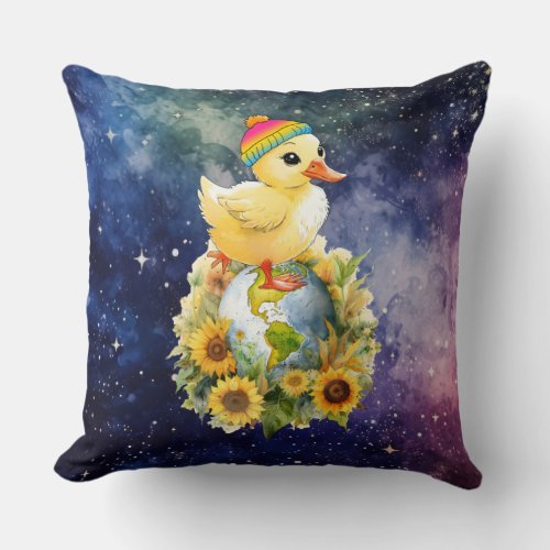 Duck in Pansexual Flag Colors Beanie on Planet Throw Pillow