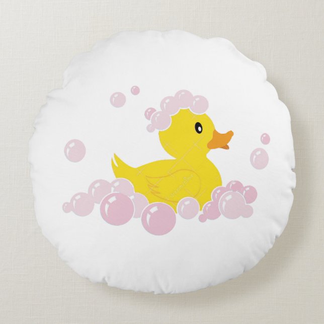 Duck in Pink Bubbles Round Pillow (Front)