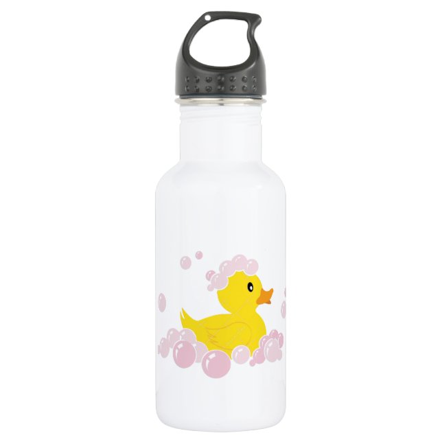 Duck in Pink Bubbles Water Bottle (Front)