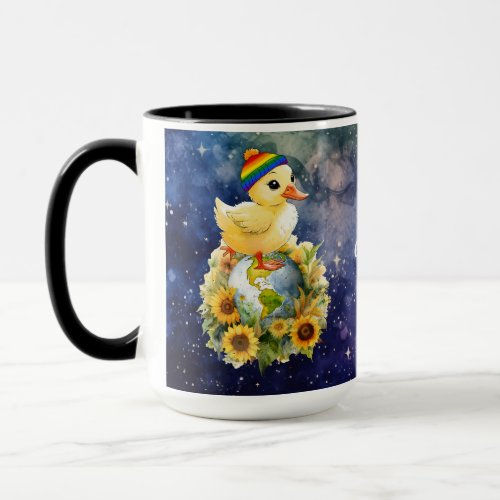 Duck in Rainbow Flag Colors Beanie Stands on Plane Mug