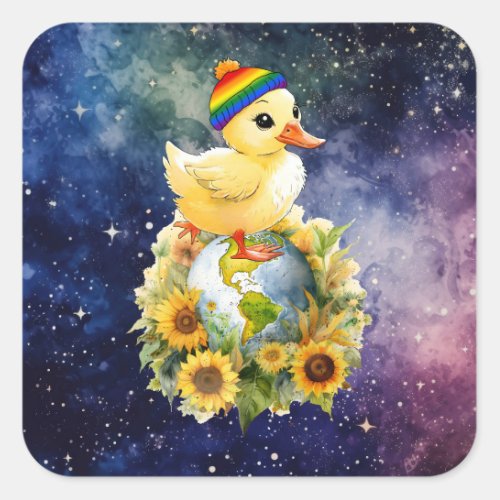 Duck in Rainbow Flag Colors Beanie Stands on Plane Square Sticker