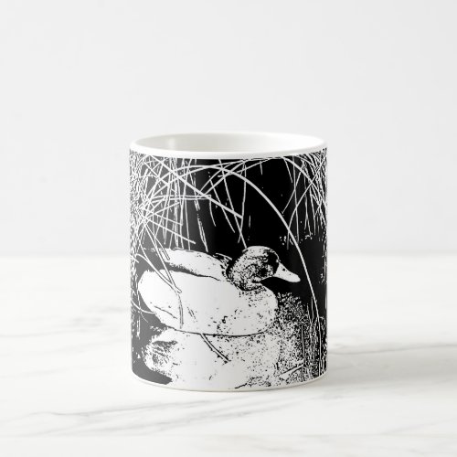 Duck in Reeds Black and White Lake Wildlife Nature Coffee Mug