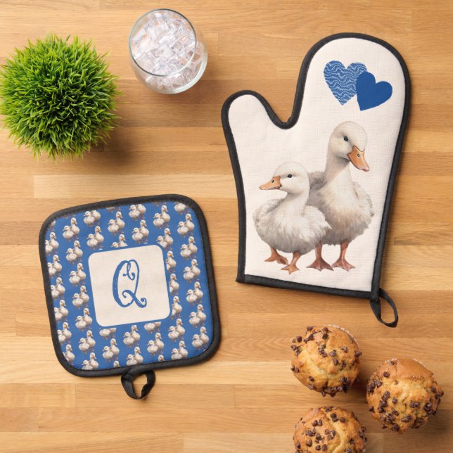 Duck Love Blue Pattern Hearts Initial Oven Mitt & Pot Holder Set (Top Down)
